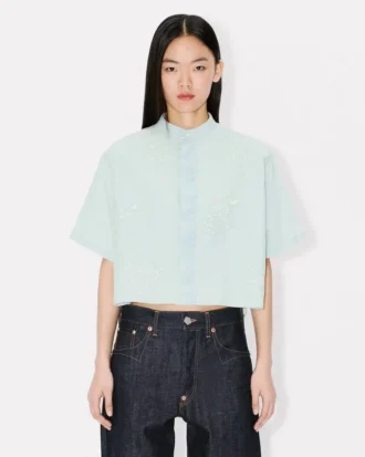 ‘Kenzo Cartoon’ Nakışlı, Stone Bleach Chambray Kısa Kollu Gömlek